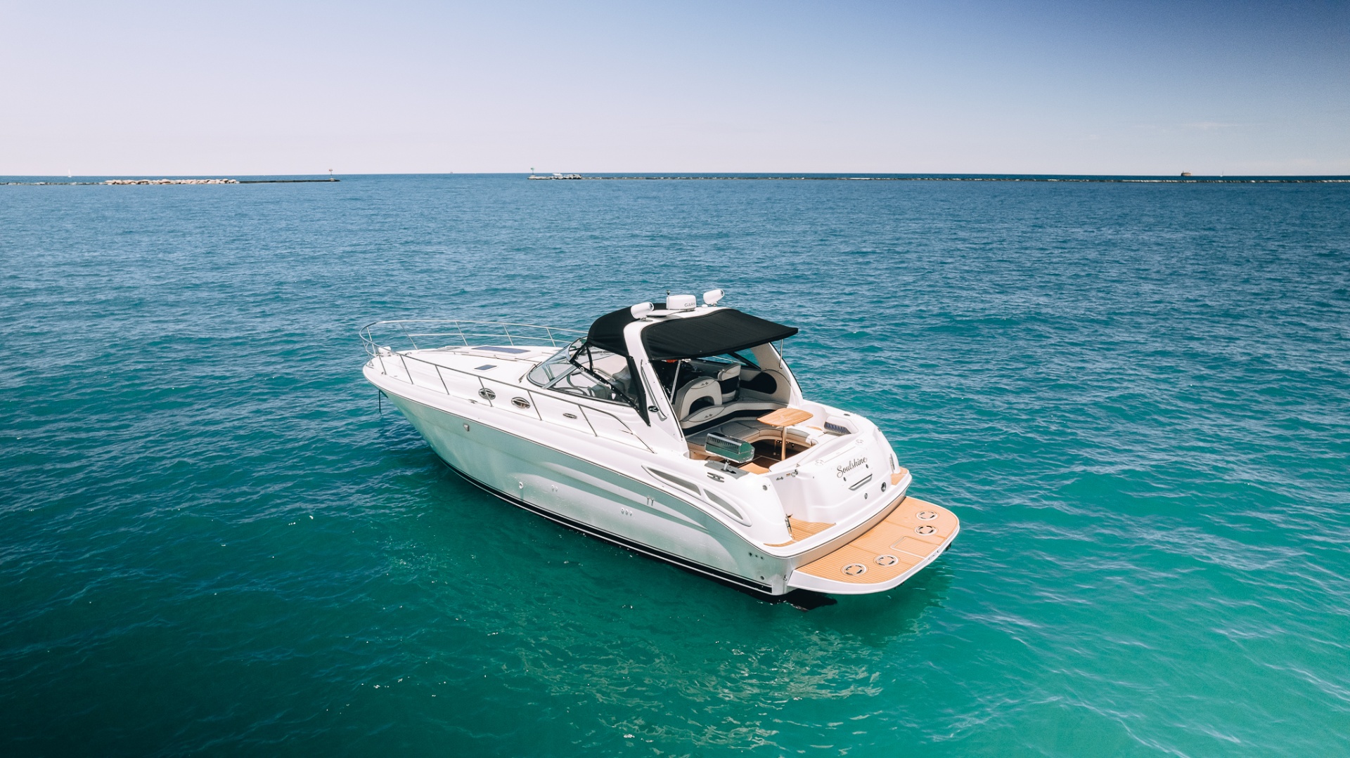 Aerial view of Soulshine anchored on Lake Michigan