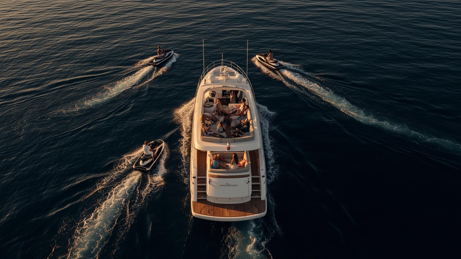 Yacht surrounded by jet skis on Lake Michigan