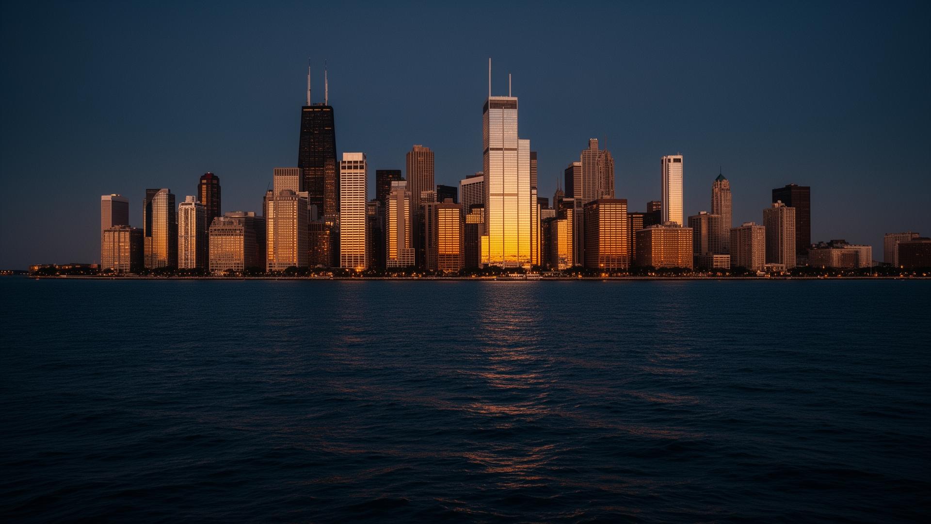 Chicago lakefront skyline at dusk over Lake Michigan